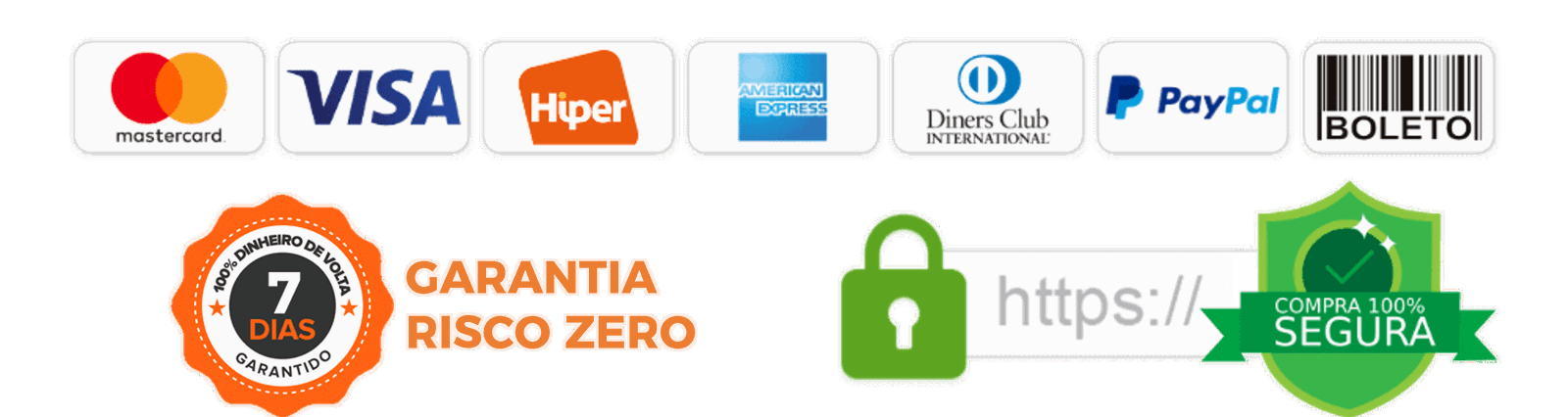Mastercard, Visa, Hiper, American Express, Diners Club, PayPal, Boleto. Garantia de 7 dias e compra 100% segura